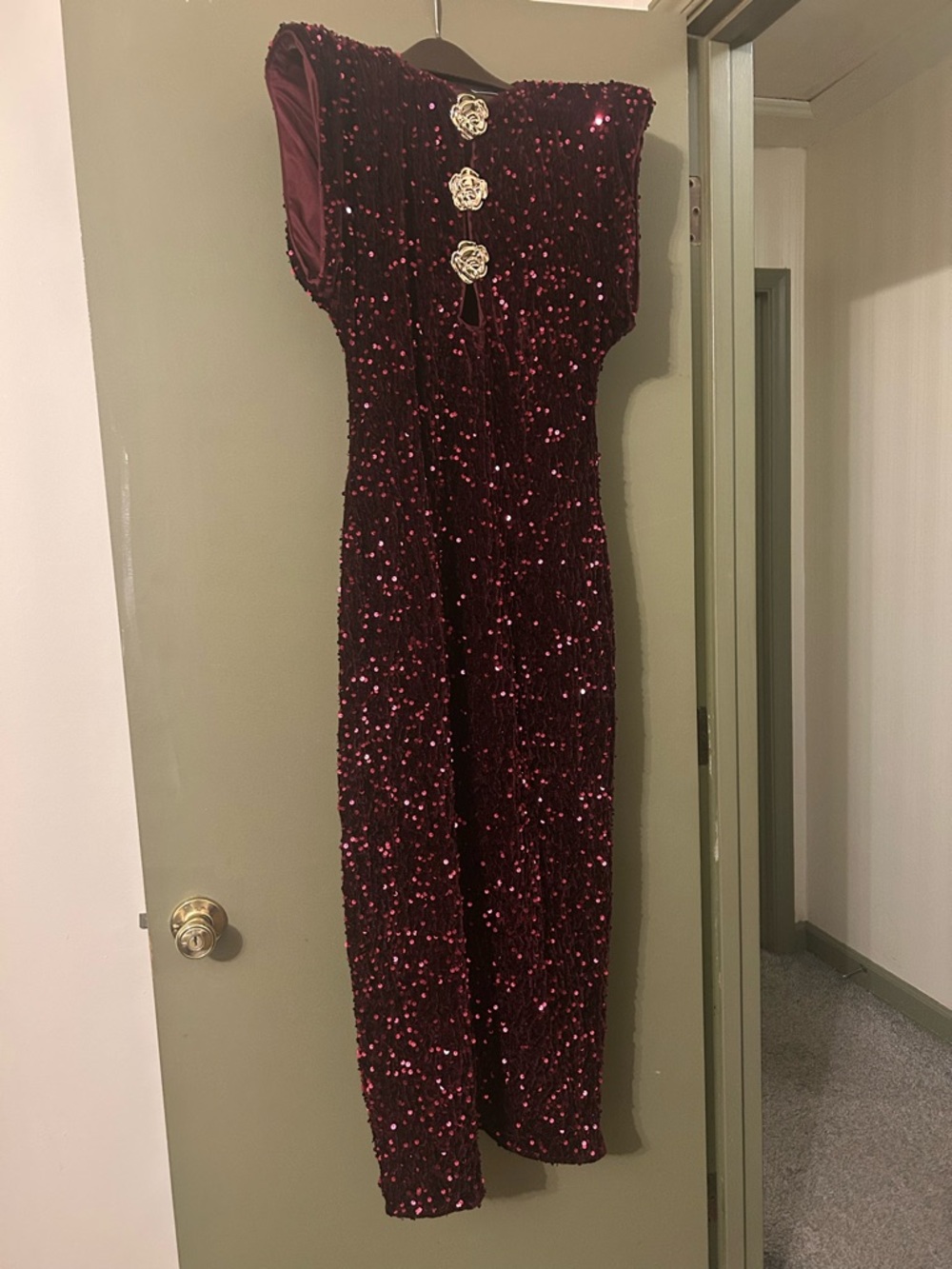 Burgundy Preppy Women's Velvet Sequin Party Dress with Metal Buckle